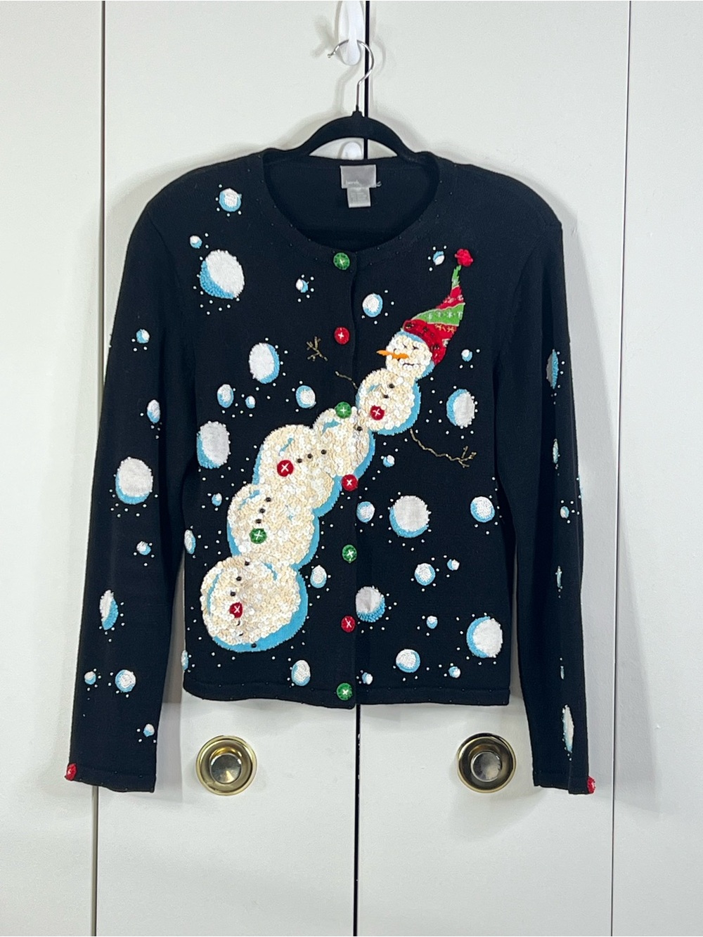 Berek Vintage Black Sequin Snowman Christmas Cardigan Sweater Women XL Holiday